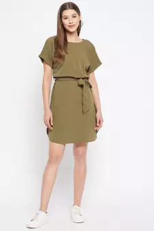 Green plain polyester short-dresses