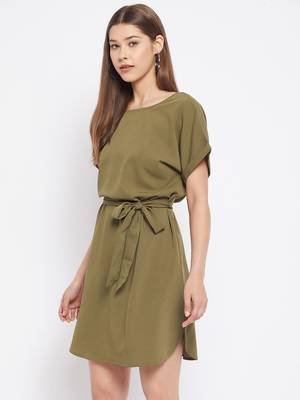Green plain polyester short-dresses 4
