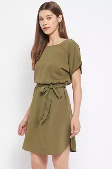 Green plain polyester short-dresses