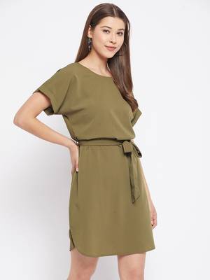 Green plain polyester short-dresses 5