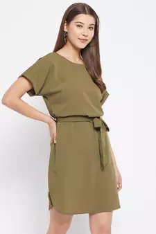Green plain polyester short-dresses