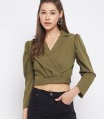Green plain polyester crop-tops