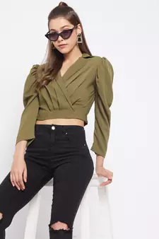 Green plain polyester crop-tops