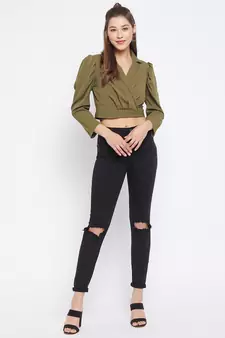 Green plain polyester crop-tops