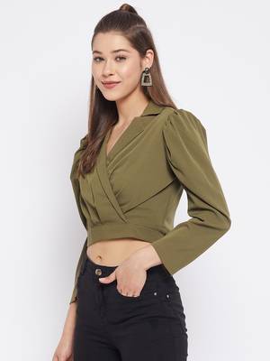 Green plain polyester crop-tops 4