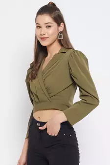 Green plain polyester crop-tops