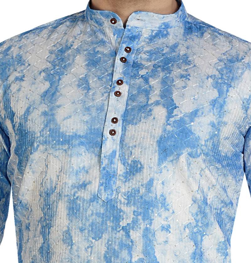 Blue tie dye embroidered viscose kurta-pajama