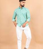 Green printed cotton mens-casual-shirts