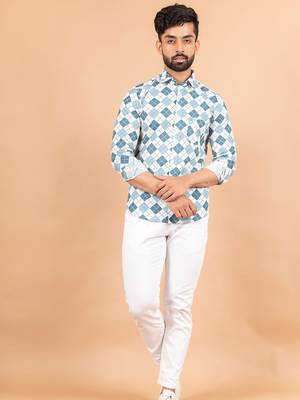 Blue printed cotton mens-casual-shirts 1