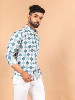Blue printed cotton mens-casual-shirts 2