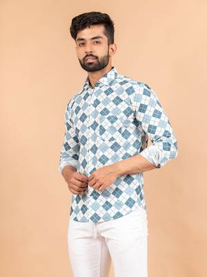 Blue printed cotton mens-casual-shirts 3