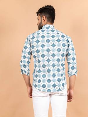 Blue printed cotton mens-casual-shirts 4