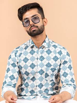 Blue printed cotton mens-casual-shirts 5
