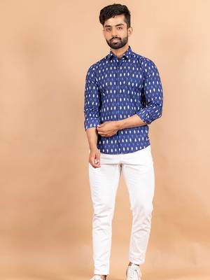 Blue printed cotton mens-casual-shirts 1