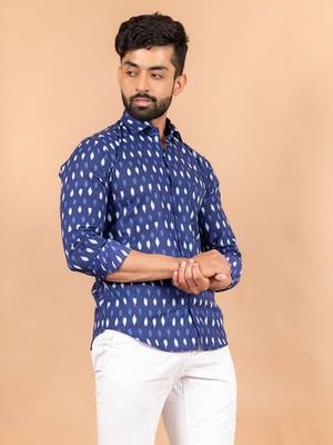 Blue printed cotton mens-casual-shirts 2
