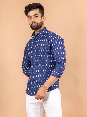 Blue printed cotton mens-casual-shirts 3