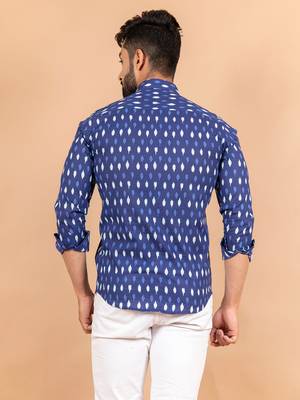 Blue printed cotton mens-casual-shirts 4