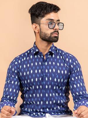 Blue printed cotton mens-casual-shirts 5