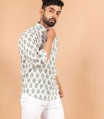 White printed cotton mens-casual-shirts