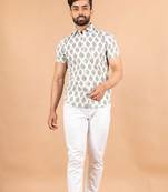 White printed cotton mens-casual-shirts