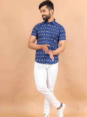 Blue printed cotton mens-casual-shirts 1