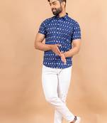 Blue printed cotton mens-casual-shirts