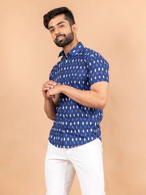 Blue printed cotton mens-casual-shirts 2