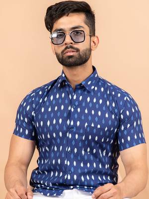 Blue printed cotton mens-casual-shirts 3