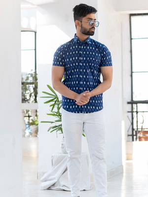 Blue printed cotton mens-casual-shirts 4