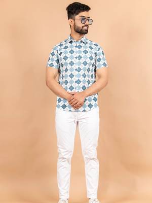 Blue printed cotton mens-casual-shirts 1