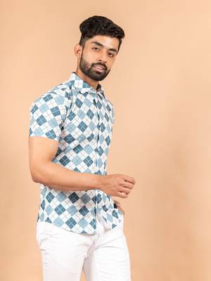 Blue printed cotton mens-casual-shirts 2