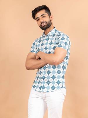 Blue printed cotton mens-casual-shirts 3