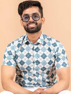 Blue printed cotton mens-casual-shirts 5