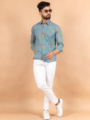 Blue printed cotton mens-casual-shirts 1
