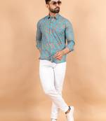 Blue printed cotton mens-casual-shirts