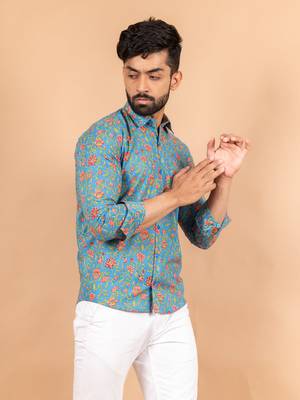 Blue printed cotton mens-casual-shirts 2