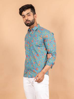 Blue printed cotton mens-casual-shirts 3
