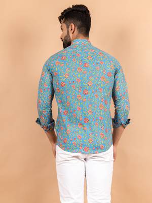 Blue printed cotton mens-casual-shirts 4
