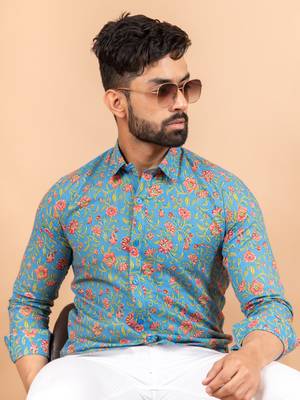 Blue printed cotton mens-casual-shirts 5