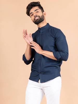 Blue plain cotton mens-casual-shirts 3