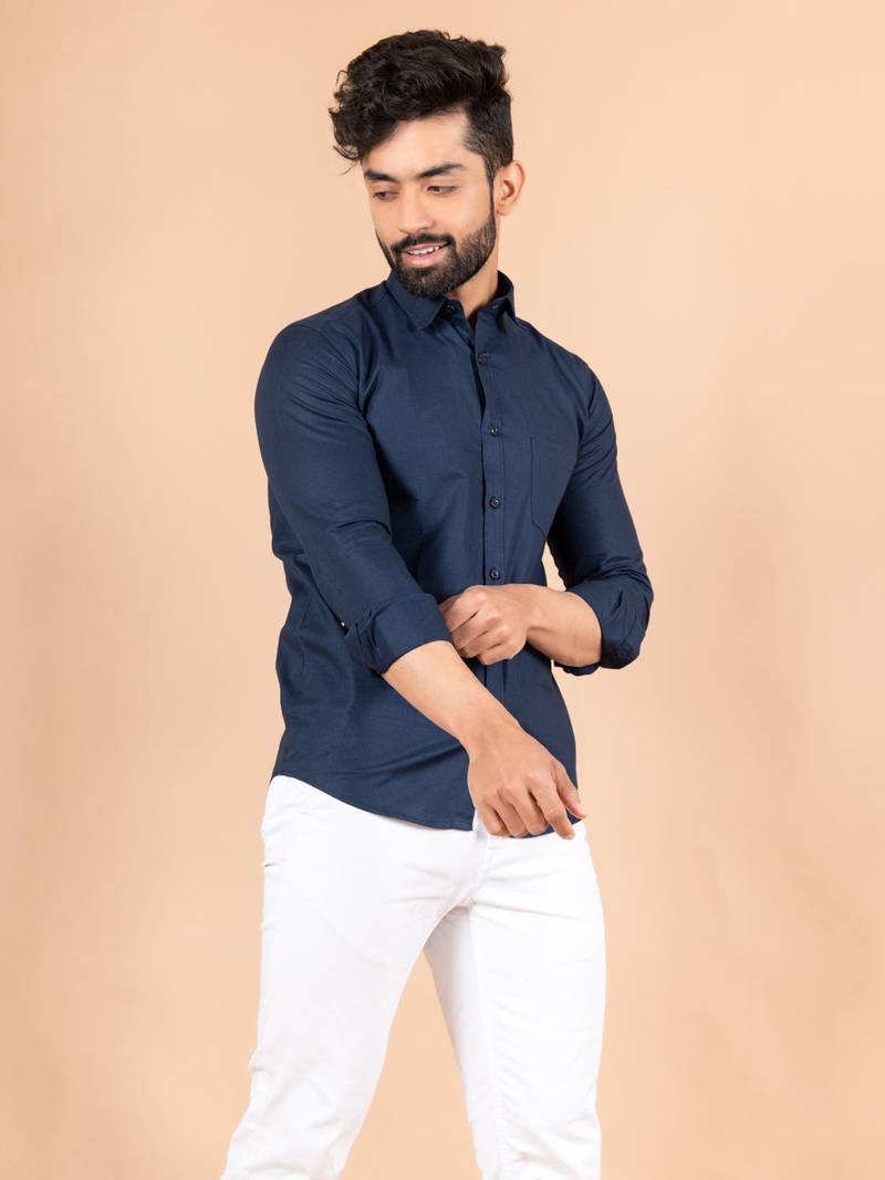 Blue plain cotton mens-casual-shirts