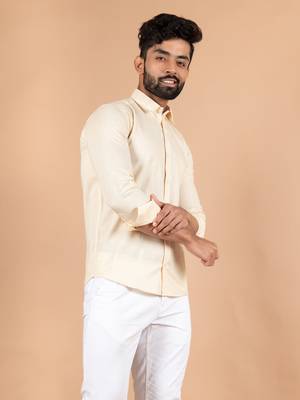 Beige plain cotton mens-casual-shirts 1