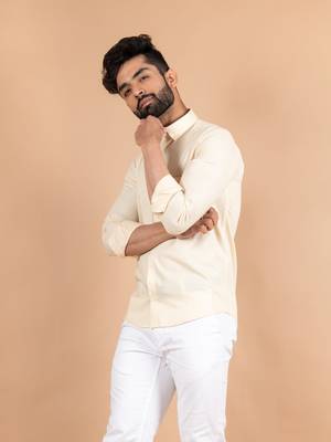Beige plain cotton mens-casual-shirts 3