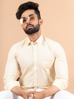 Beige plain cotton mens-casual-shirts 5