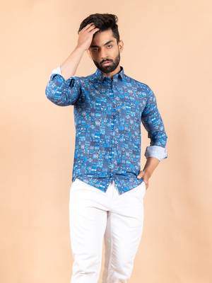 Blue printed cotton mens-casual-shirts 1