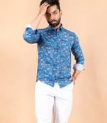 Blue printed cotton mens-casual-shirts