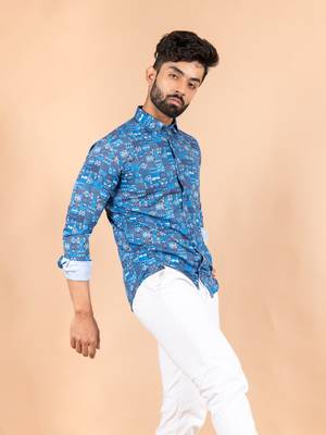 Blue printed cotton mens-casual-shirts 2