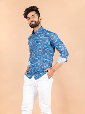 Blue printed cotton mens-casual-shirts 3