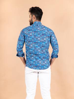 Blue printed cotton mens-casual-shirts 4