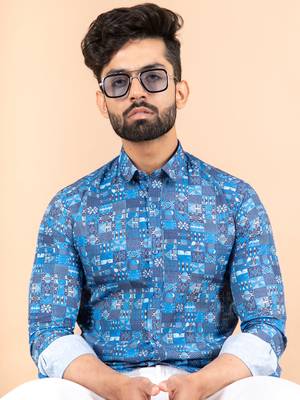 Blue printed cotton mens-casual-shirts 5